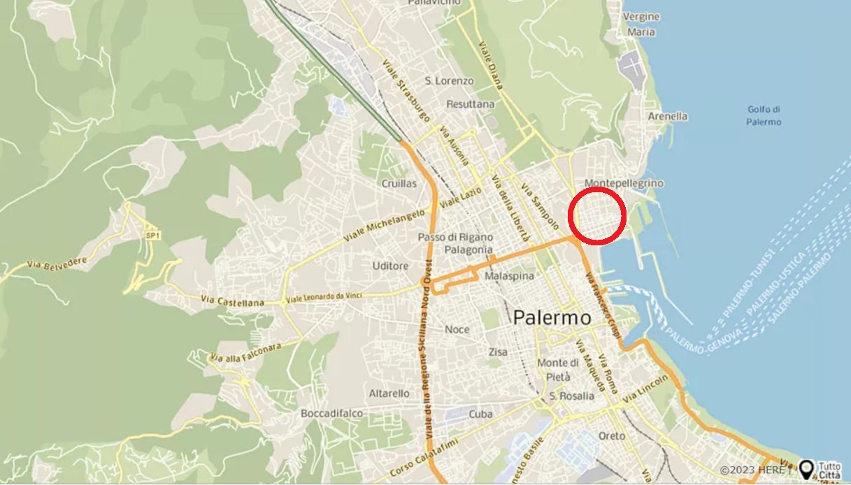 Una mappa di Palermo in cui si mostra la posizione di via Montalbo