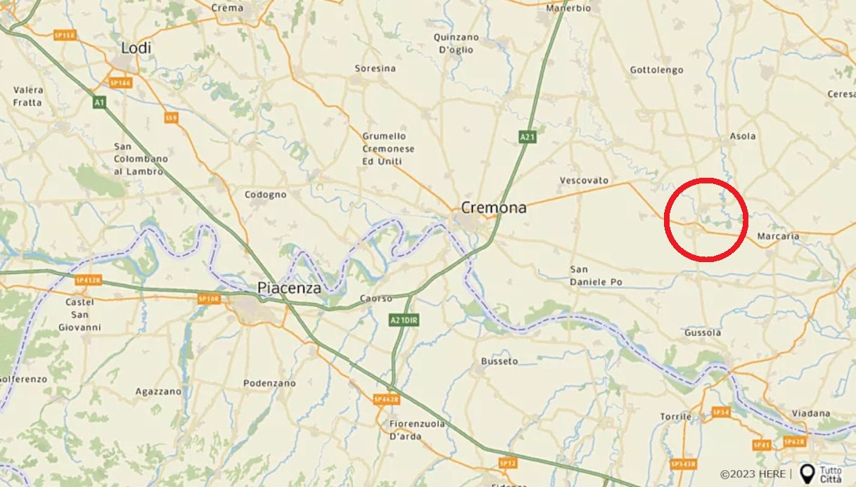 Una mappa che mostra la zona in cui si è verificato l'incidente mortale in provincia di Cremona