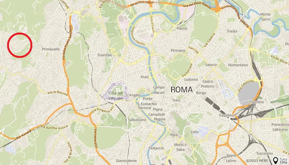 Una mappa che mostra la zona in cui si è sprigionato un incendio a Roma