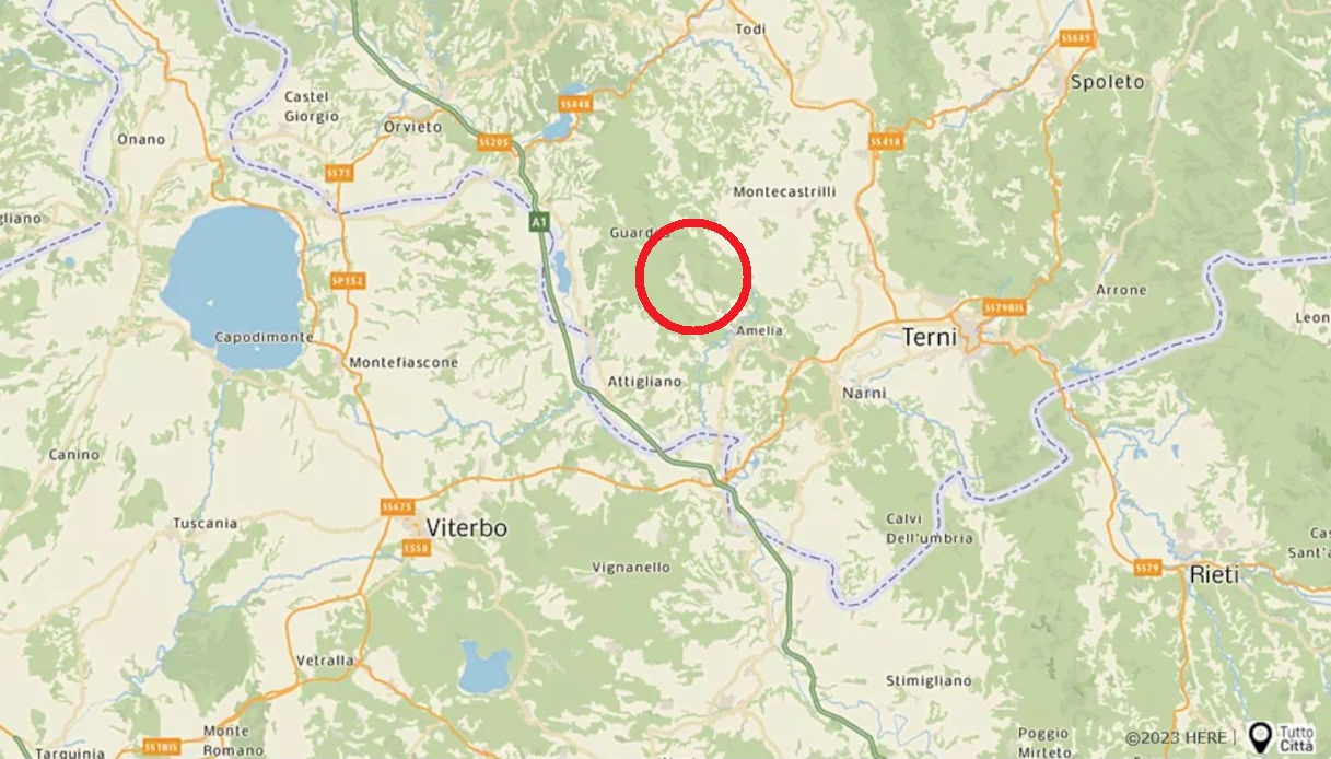 Una mappa che mostra la zona in cui si è verificato un incidente di caccia: Amelia vicino Terni
