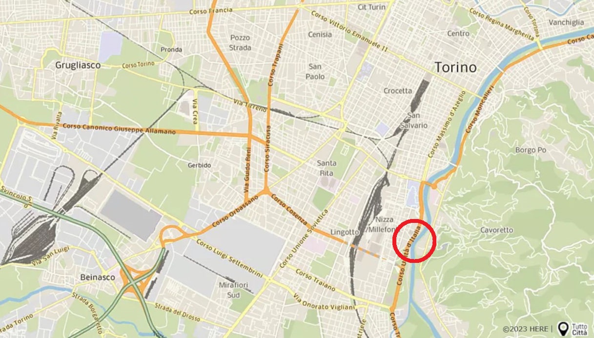Una mappa di Torino in cui viene mostrata la zona dell'incidente di Marco Nebiolo