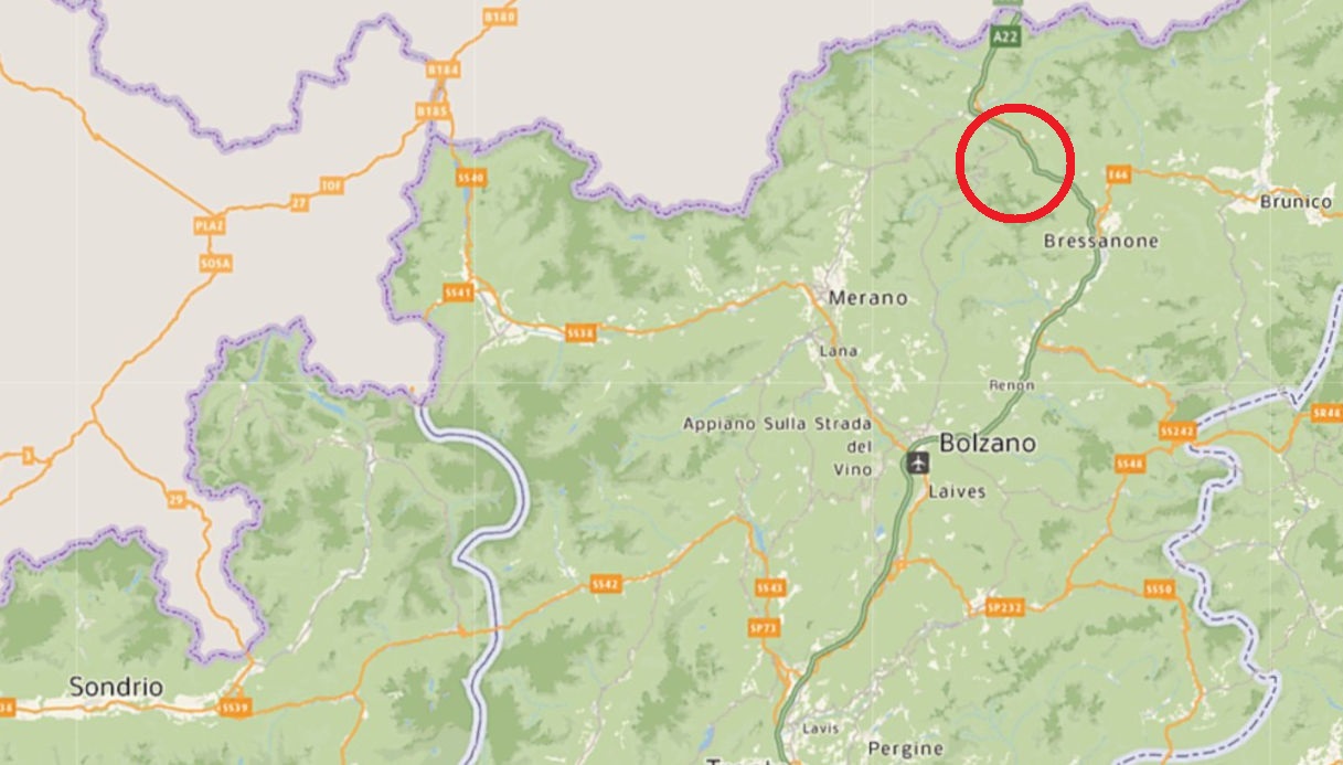 Una mappa che mostra la zona in cui si è verificata la valanga in Alto Adige