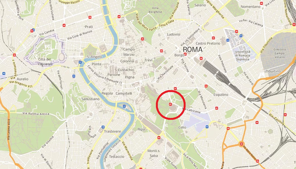 Una mappa di Roma che mostra la posizione della metro B Colosseo