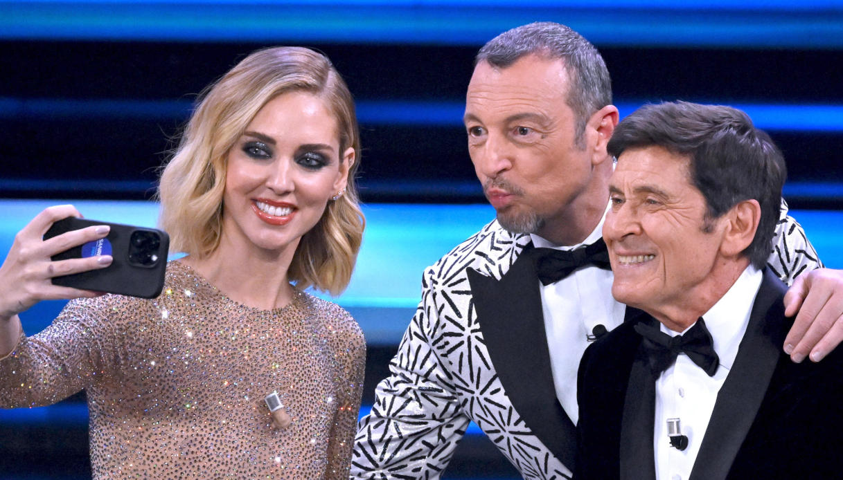 Chiara Ferragni, Amadeus e Gianni Morandi a Sanremo 2023