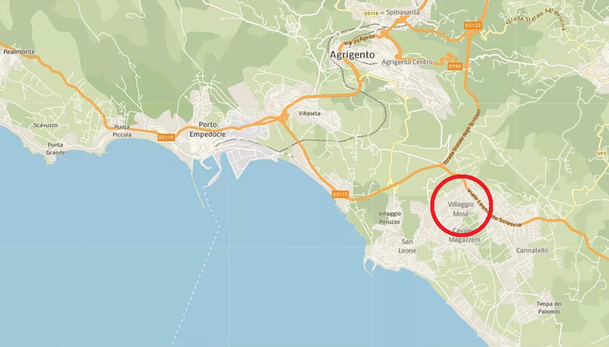 Una mappa che mostra la posizione di Villaggio Mosè in provincia di Agrigento