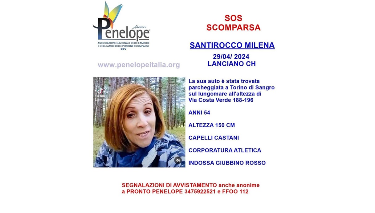A Torino di Sangro, vicino a Lanciano (Chieti), continuano le ricerche per trovare Milena Santirocco: l'insegnante di danza è sparita nel nulla domenica scorsa