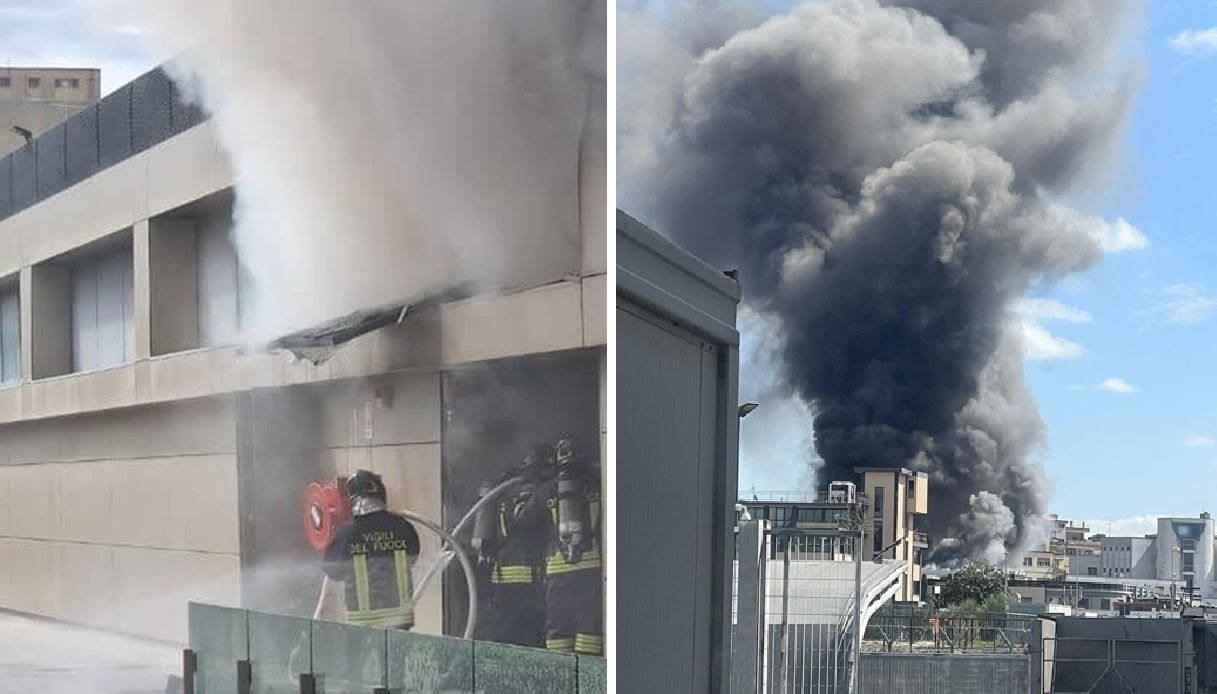 Incendio a Pomezia nel centro commerciale Cavour: fiamme minacciano scuola, supermercato e clinica