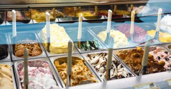 Classic italian gourmet gelato  ice cream display in shop