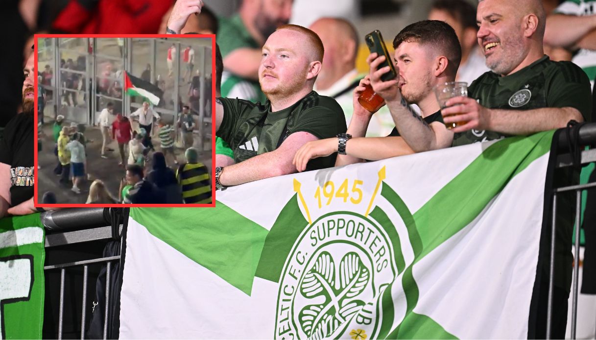 Sventolano la bandiera della Palestina allo stadio durante l’amichevole tra Celtic e Ajax: Daspo per 5 tifosi Sventolano la bandiera della Palestina allo stadio durante l’amichevole tra Celtic e Ajax: Daspo per 5 tifosi