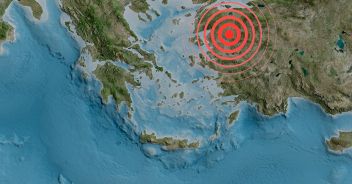 Satellite map of the area around the Aegean Sea tectonic plate. 3D rendering