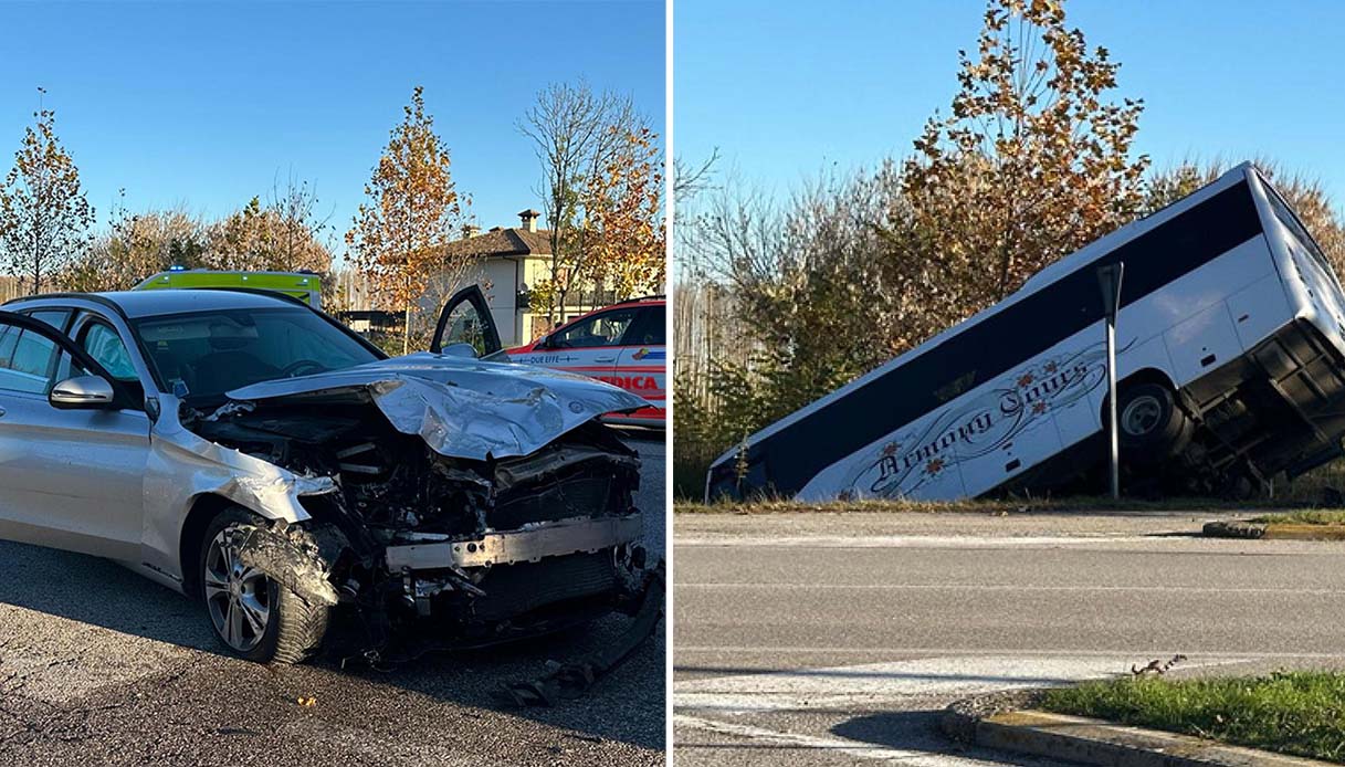 Scontro tra auto e bus con 20 studenti a Sesto al Reghena, pullman nel fosso: gravi la conducente e un ragazzo