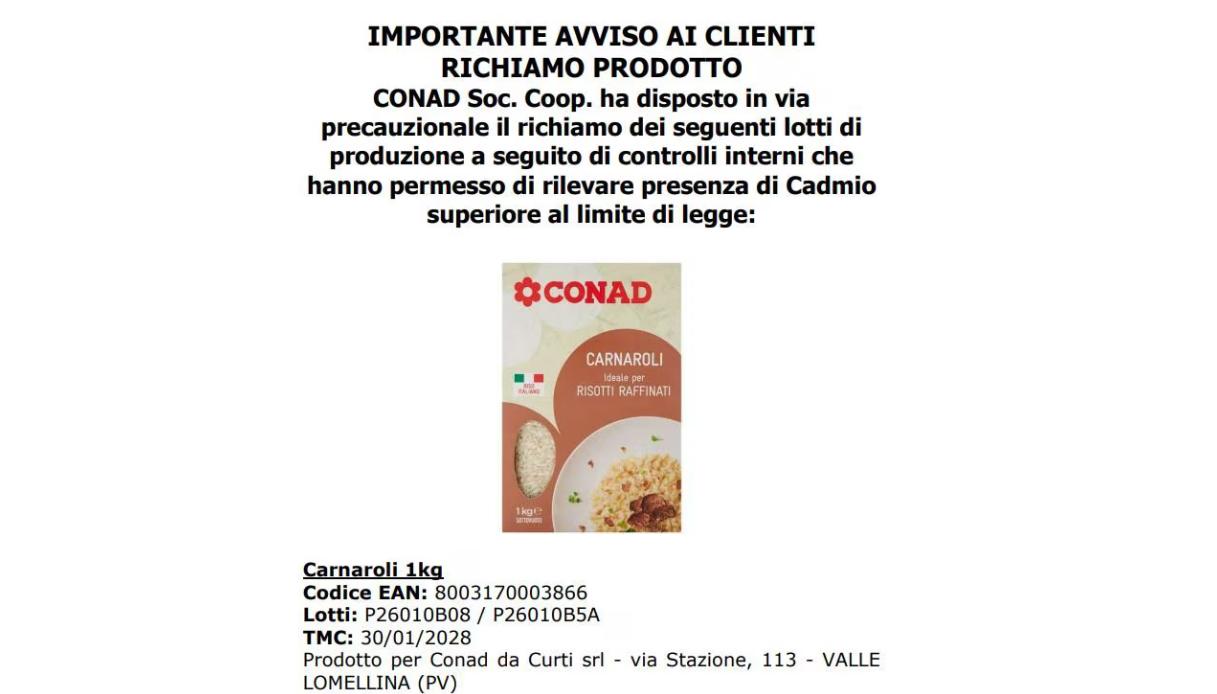 Richiamo di riso Carnaroli dai supermercati Conad per presenza di ...