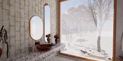 bagno della casa in montagna con finestra sulla neve