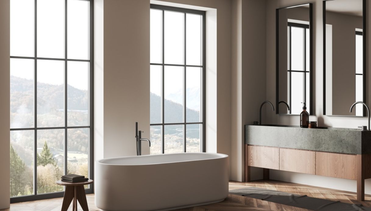 bagno con vasca in una casa in montagna
