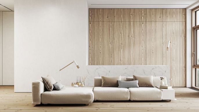 soggiorno con arredamento legno e bianco