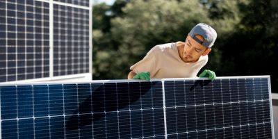 tecnico che installa pannello fotovoltaico, nel 2025 è sempre più conveniente l'energia rinnovabile