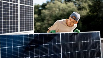 tecnico che installa pannello fotovoltaico, nel 2025 è sempre più conveniente l'energia rinnovabile