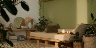 soggiorno con arredamento biofilico