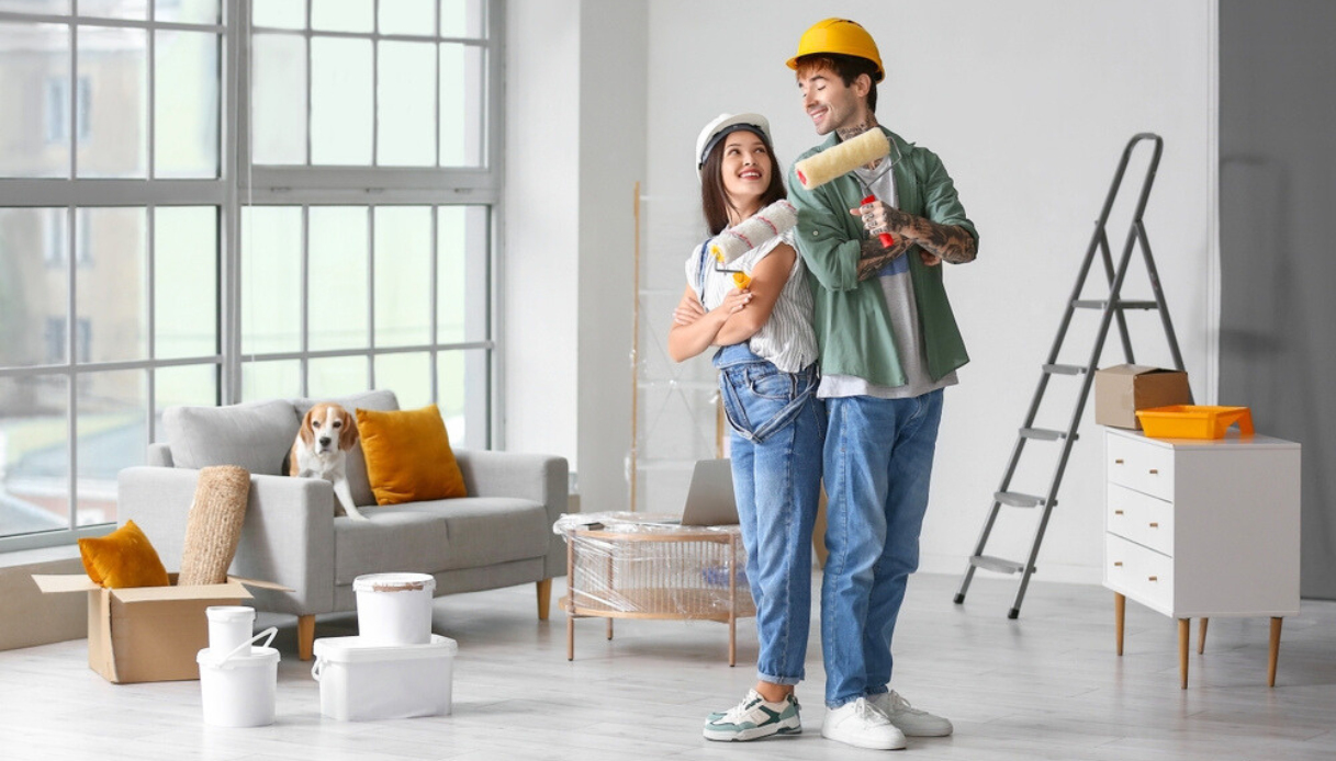 coppia che ridipinge casa