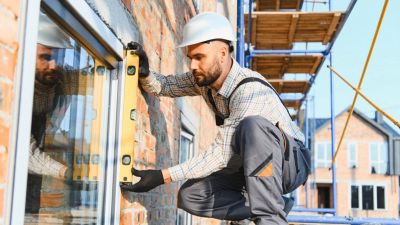 operaio al lavoro sulla facciata della casa