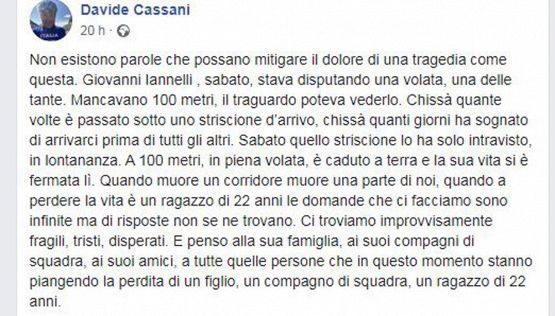 Giovanni Iannelli, il giovane ciclista morto in volata