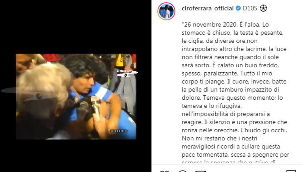 Maradona, il dolore dei campioni per Diego: il post di Ferrara