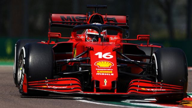 Charles Leclerc crashes.  Mercedes in front