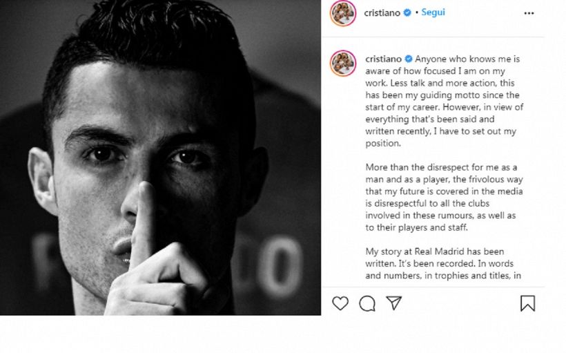 Juventus: "Ronaldo, gaffe imperdonabile", post di Cr7 scatena il web