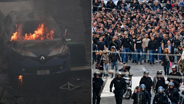 Napoli-Eintracht Francoforte, guerriglia: assalto ai bus, ultrà Atalanta. Auto polizia in fiamme, spunta una pistola