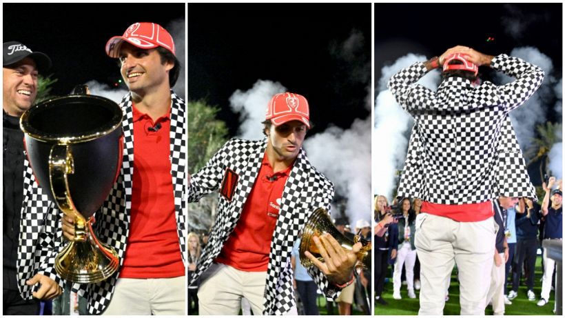 F1, Ferrari: Sainz vince a Las Vegas prima di correre, suo il torneo di golf ma poi rompe il trofeo come Verstappen, video virale