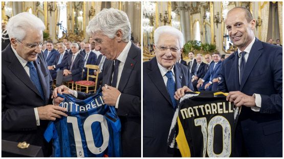 Finale Coppa Italia: Juve e Atalanta ricevute da Mattarella, Allegri e Gasperini donano una maglia al Presidente