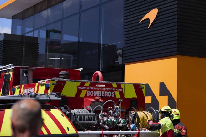 F1 Grand Prix of Spain &#8211; Qualifying Firefighters attends a fire in the Motorhome of McLaren Formula 1 Team in the Paddoc