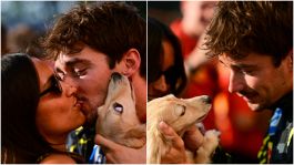 F1 festa Leclerc a Monza: scatta il bacio con la fidanzata Alexandra ma il cane Leo è geloso, le foto