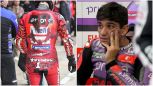 Bagnaia e Martin, venerdì in foto: Pecco cade, si rialza e fa il miglior tempo. Martin piega col gomito e sbuffa