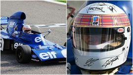 F1, Jackie Stewart in Bahrain col casco firmato da Schumacher e altri campioni sulla sua Tyrrel '73: brividi vintage