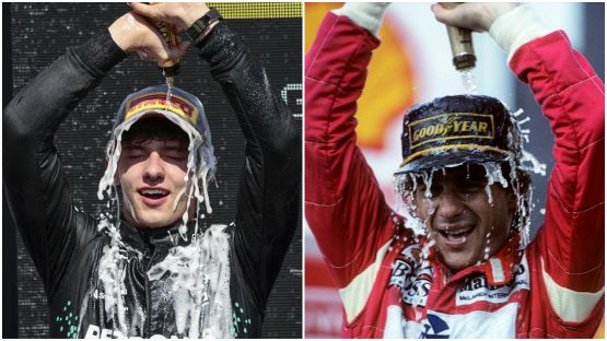 F1, Antonelli come Senna: sul podio si versa lo champagne in testa come Ayrton, l'immagine è da brividi