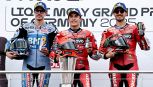 GP Germania, Marquez gongola: 'Danke Sachsenring'. Sorriso amaro, Bagnaia ironizza sul terzo posto