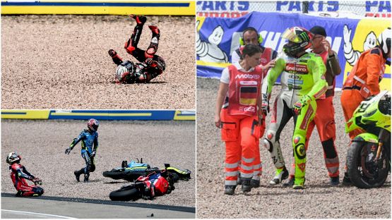 Gp Germania, quante cadute in curva 1: da Di Giannantonio a Bezzecchi e Ogura fa strike con Mir