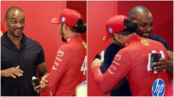 F1, c'è Capitan America ed Hamilton ritrova il sorriso: Anthony Mackie al box Ferrari, le foto