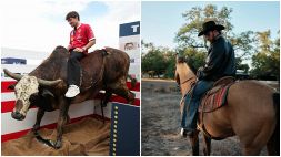 Hamilton e Leclerc cowboy per un giorno: prima volta a cavallo per Lewis, compleanno sul toro per Charles