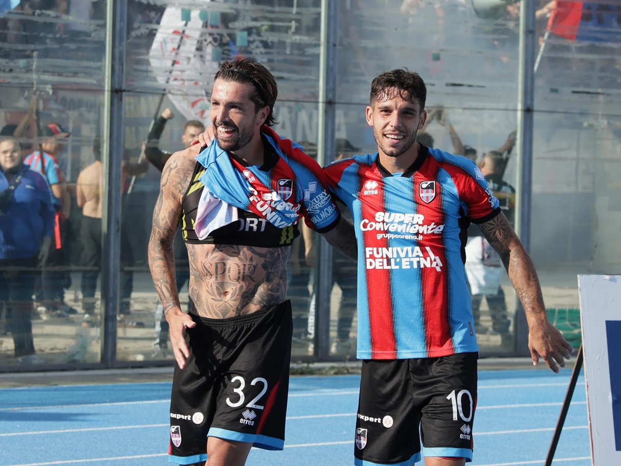 L'esultanza di Forte e Cicerelli dopo il 2-0 alla Salernitana (LPS)