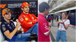 Leclerc, che risate con Mara Sangiorgio: alla torta manca qualcosa. Siparietto anche con Verstappen