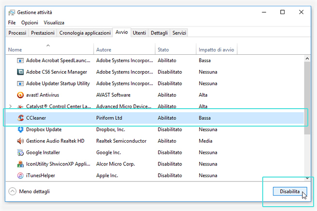 Disattivare i programmi avvio automatico Windows 10