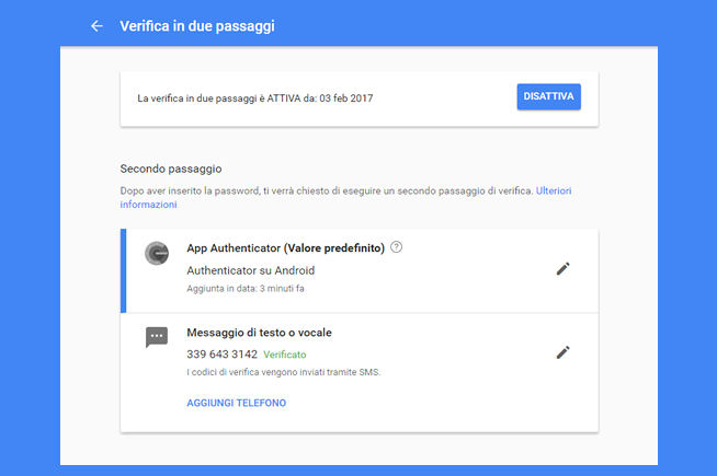 Ricontrollate (o attivate) le impostazioni di verifica in 2 passaggi