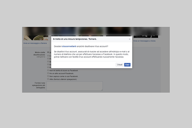 Disattivare l’account per un periodo limitato di tempo