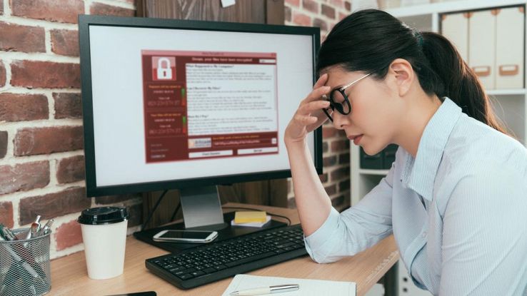 Una donna si dispera davanti al proprio computer