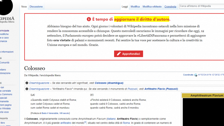 La pagina Wikipedia del Colosseo con le immagini oscurate