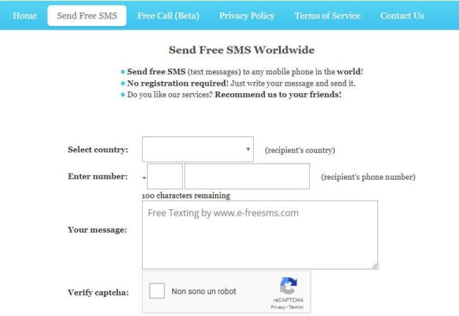 e-freesms pagina invio sms gratuito