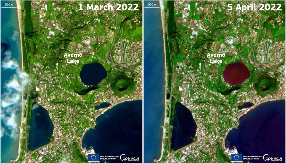 Le immagini satellitari: il lago d'Averno diventa rosso