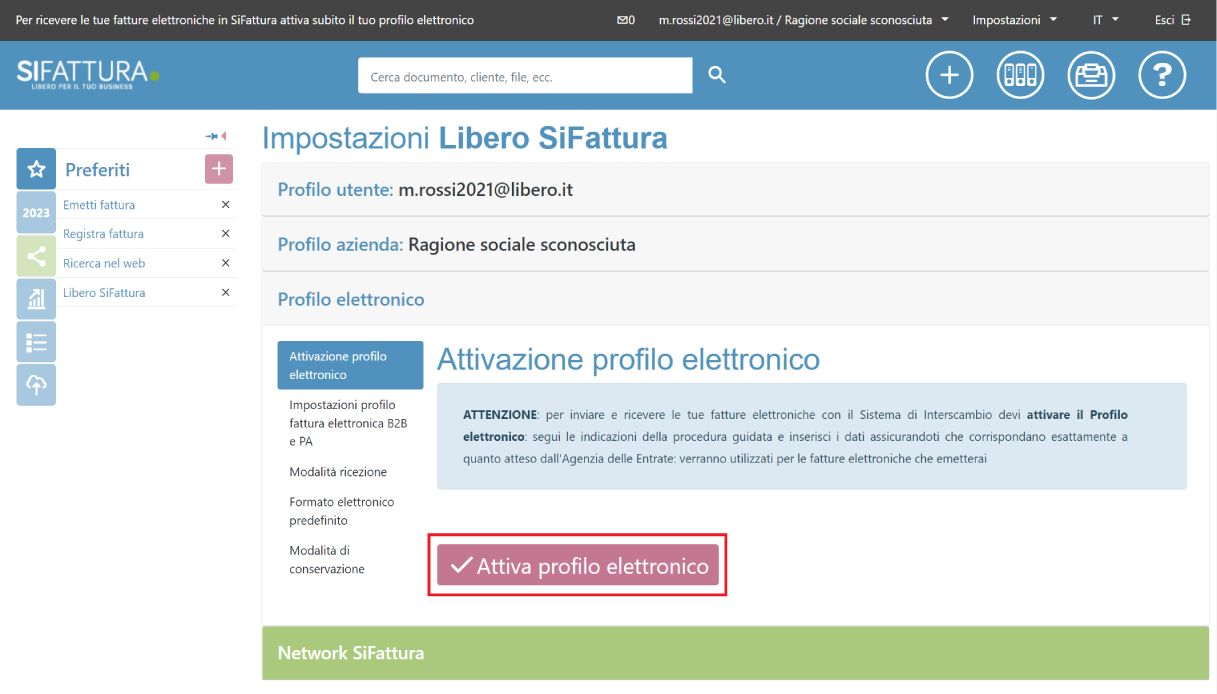 attivazione profilo elettronico libero sifattura